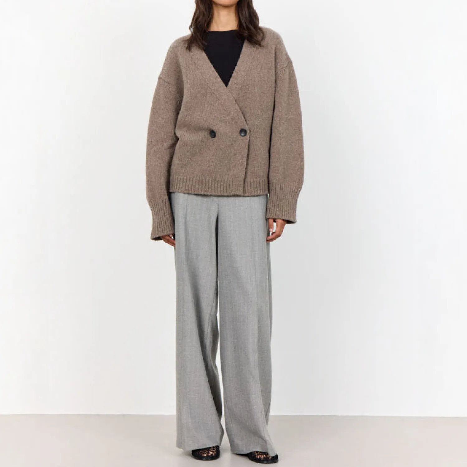 LEVETE ROOM Perle 6 Merino Cashmere Cardigan In Taupe Grey Melange