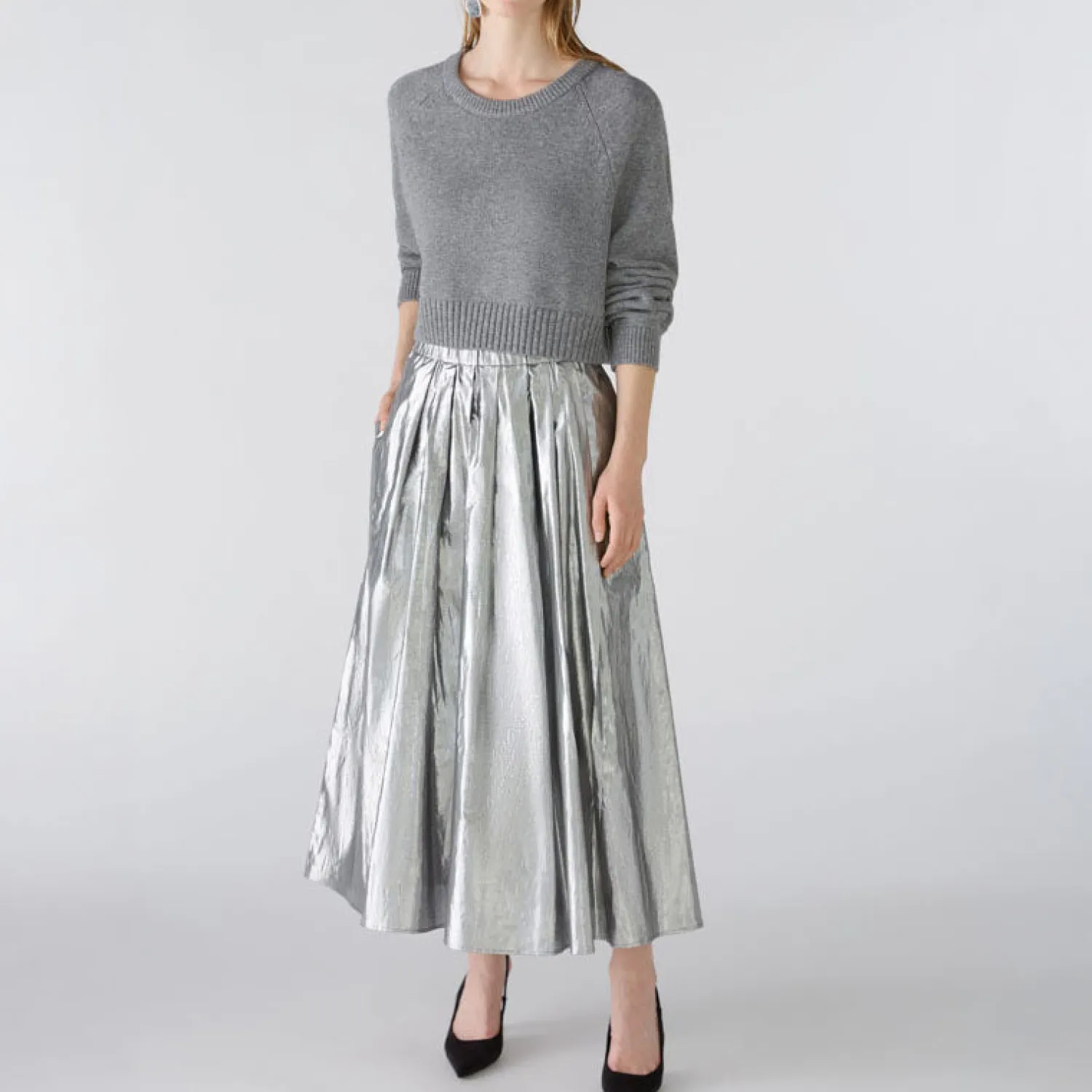 OUI Pleated Maxi Skirt In Silver Gunmetal