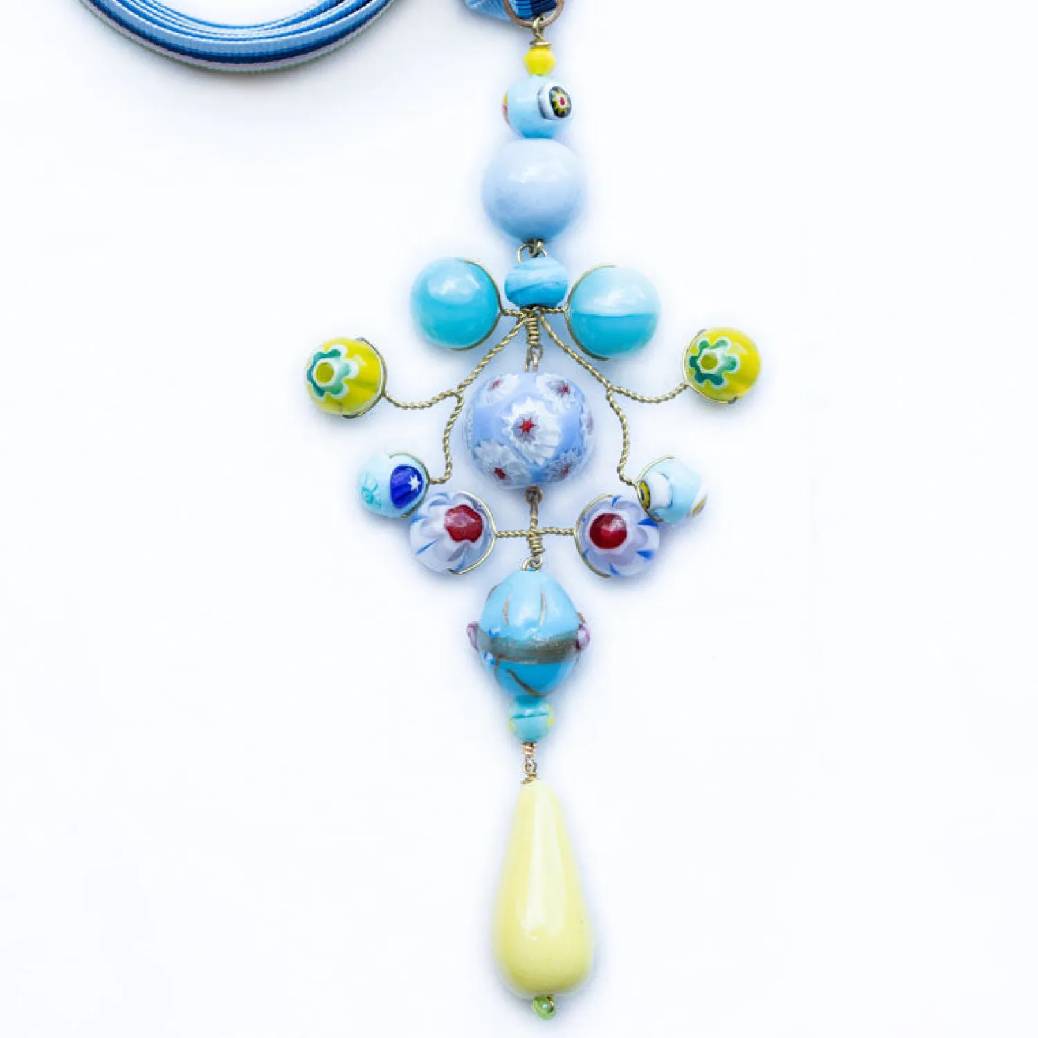 PHILIPPA KUNISCH Ribbon Gypsy Necklace In Pale Blue & Yellow With Multi Ribbon