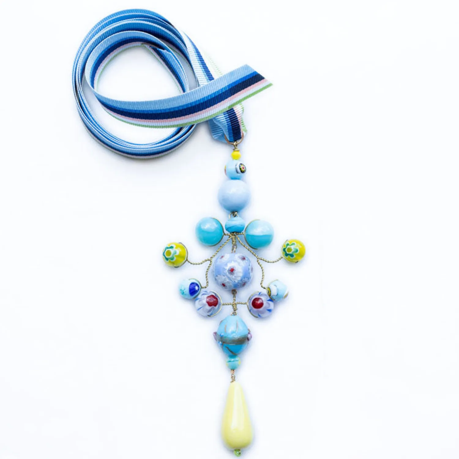 PHILIPPA KUNISCH Ribbon Gypsy Necklace In Pale Blue & Yellow With Multi Ribbon