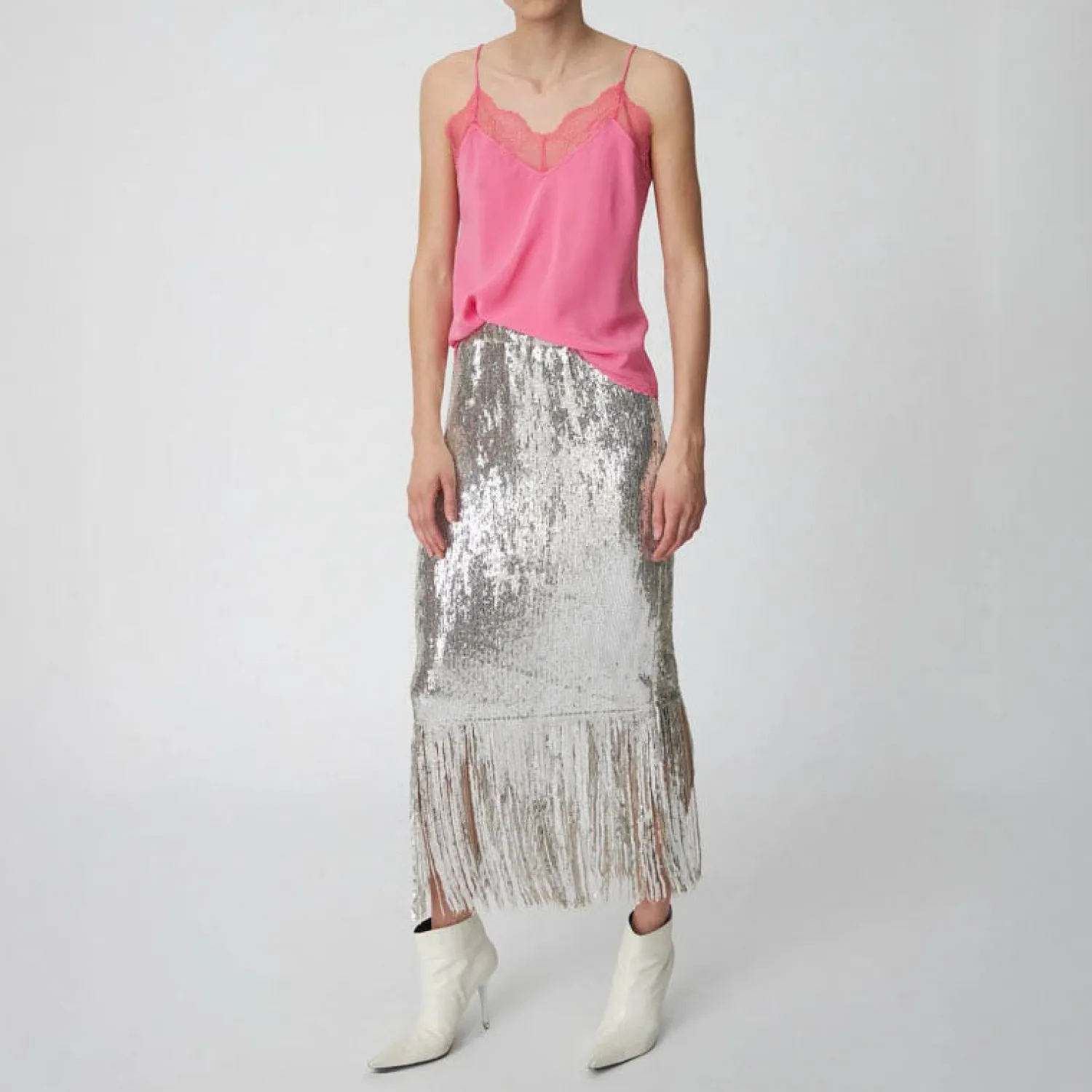 STELLA NOVA Sequins Fringes Skirt In Silver Fractures