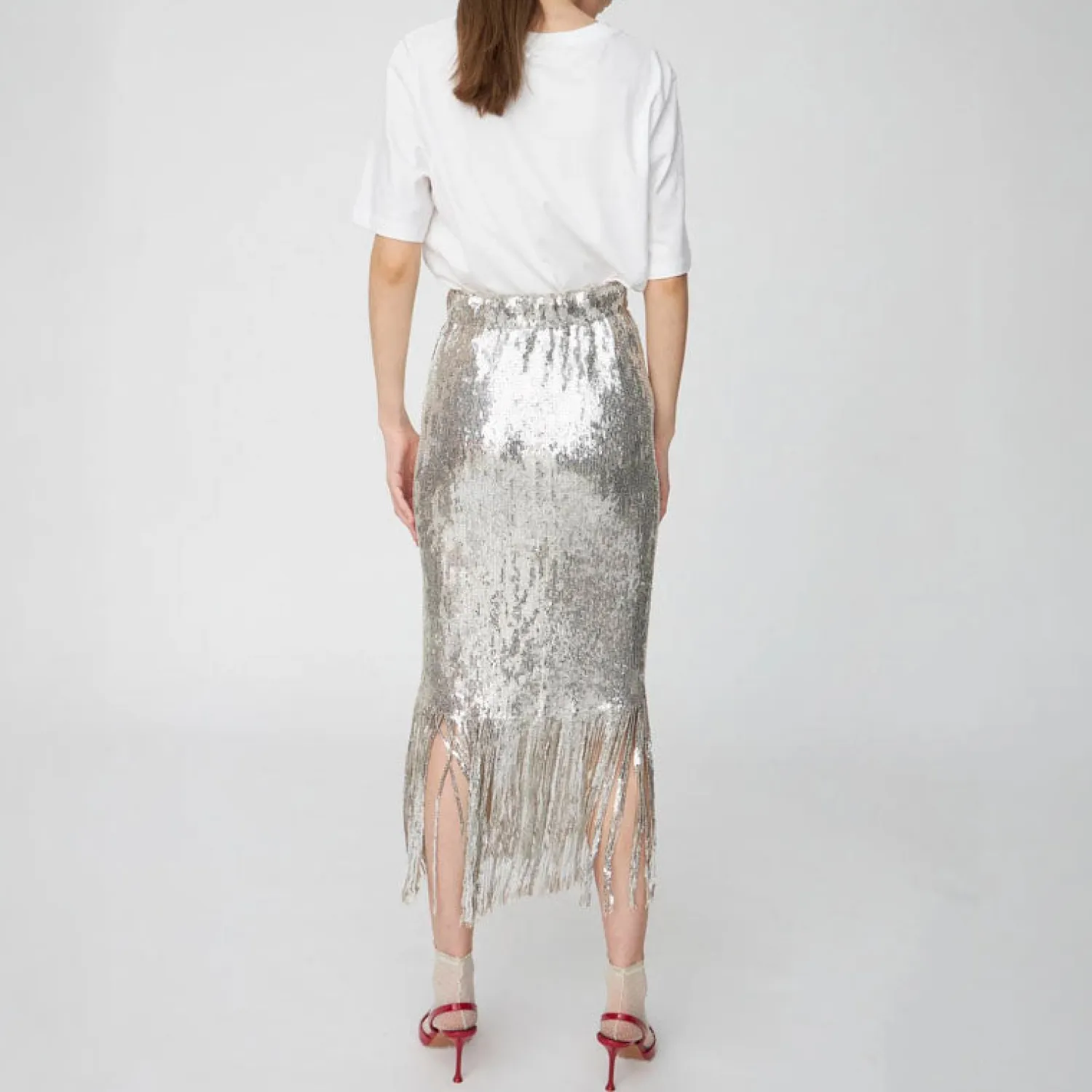 STELLA NOVA Sequins Fringes Skirt In Silver Fractures