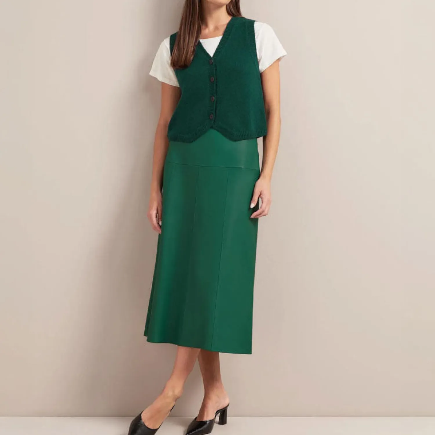 CEFINN Tiana Leather Midi Skirt In Dark Green