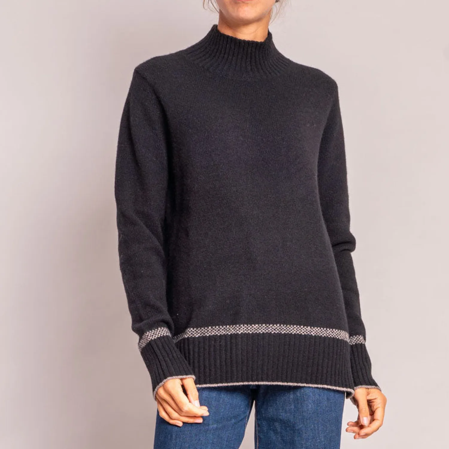 CASH CA Turtleneck Knit With Birdseye Cuff And Hem In Black/Fossil