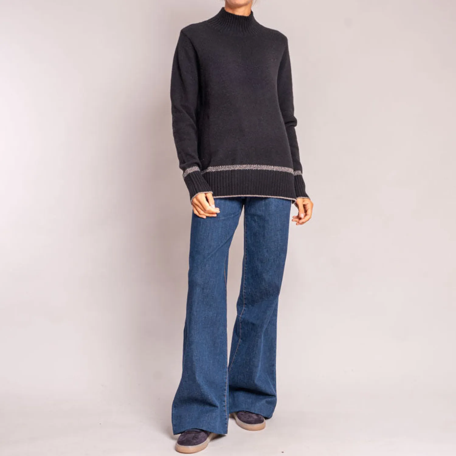 CASH CA Turtleneck Knit With Birdseye Cuff And Hem In Black/Fossil