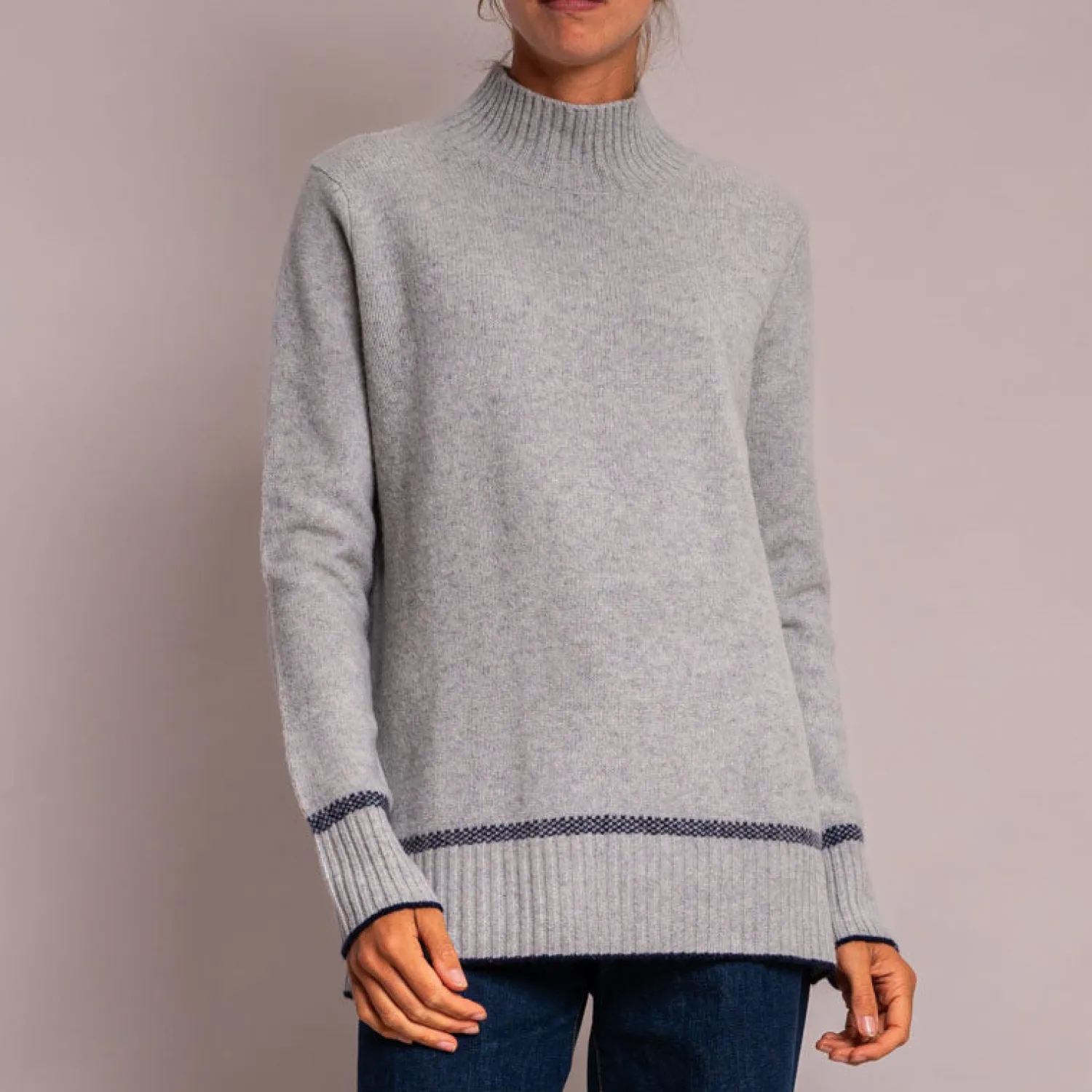 CASH CA Turtleneck Knit With Birdseye Cuff And Hem In Silver/Navy