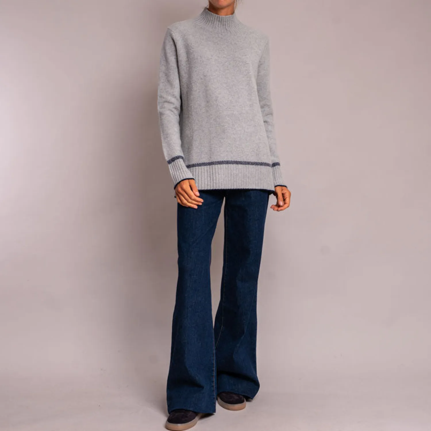 CASH CA Turtleneck Knit With Birdseye Cuff And Hem In Silver/Navy