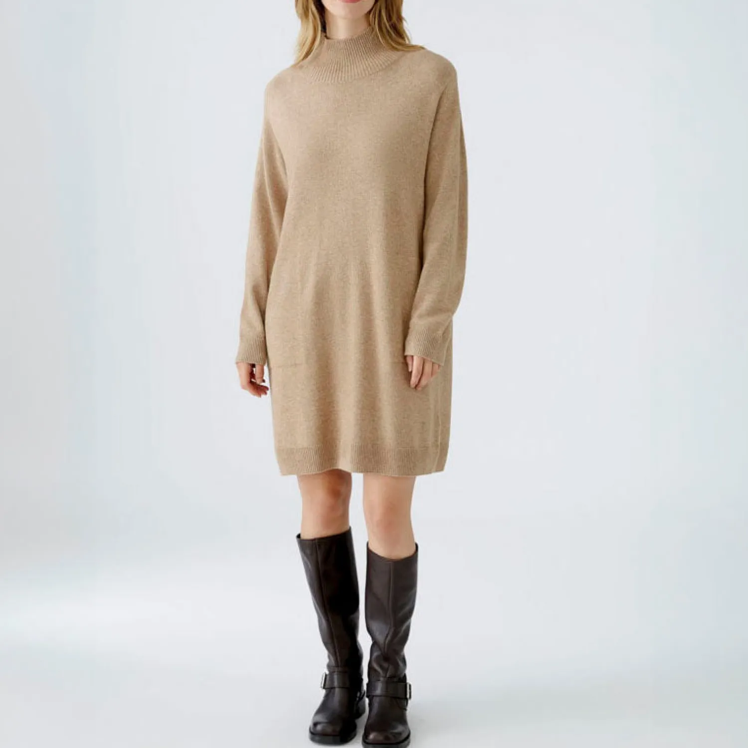 OUI Turtleneck Knitted Dress In Beige Melange