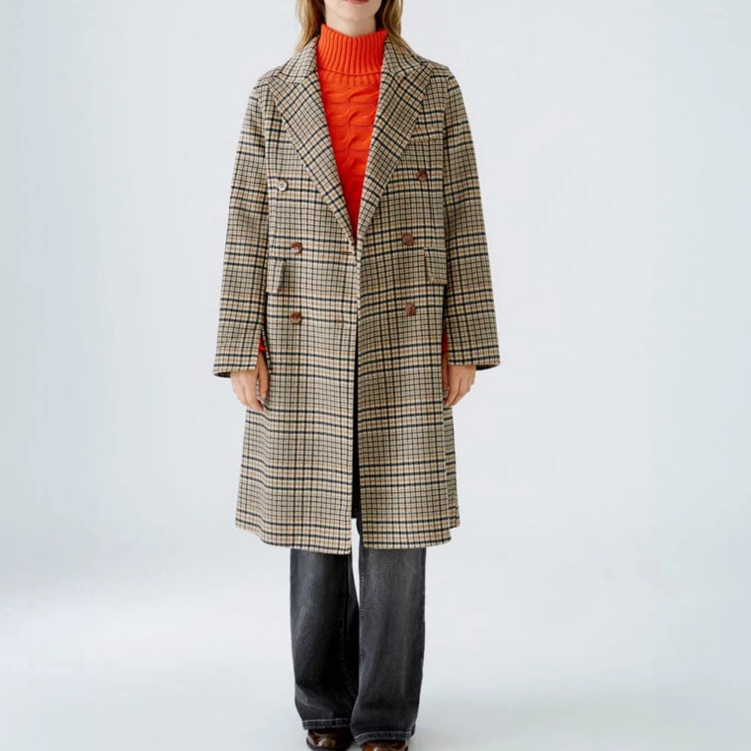 OUI Tweed Check Wool Mix Coat In Light Stone Grey