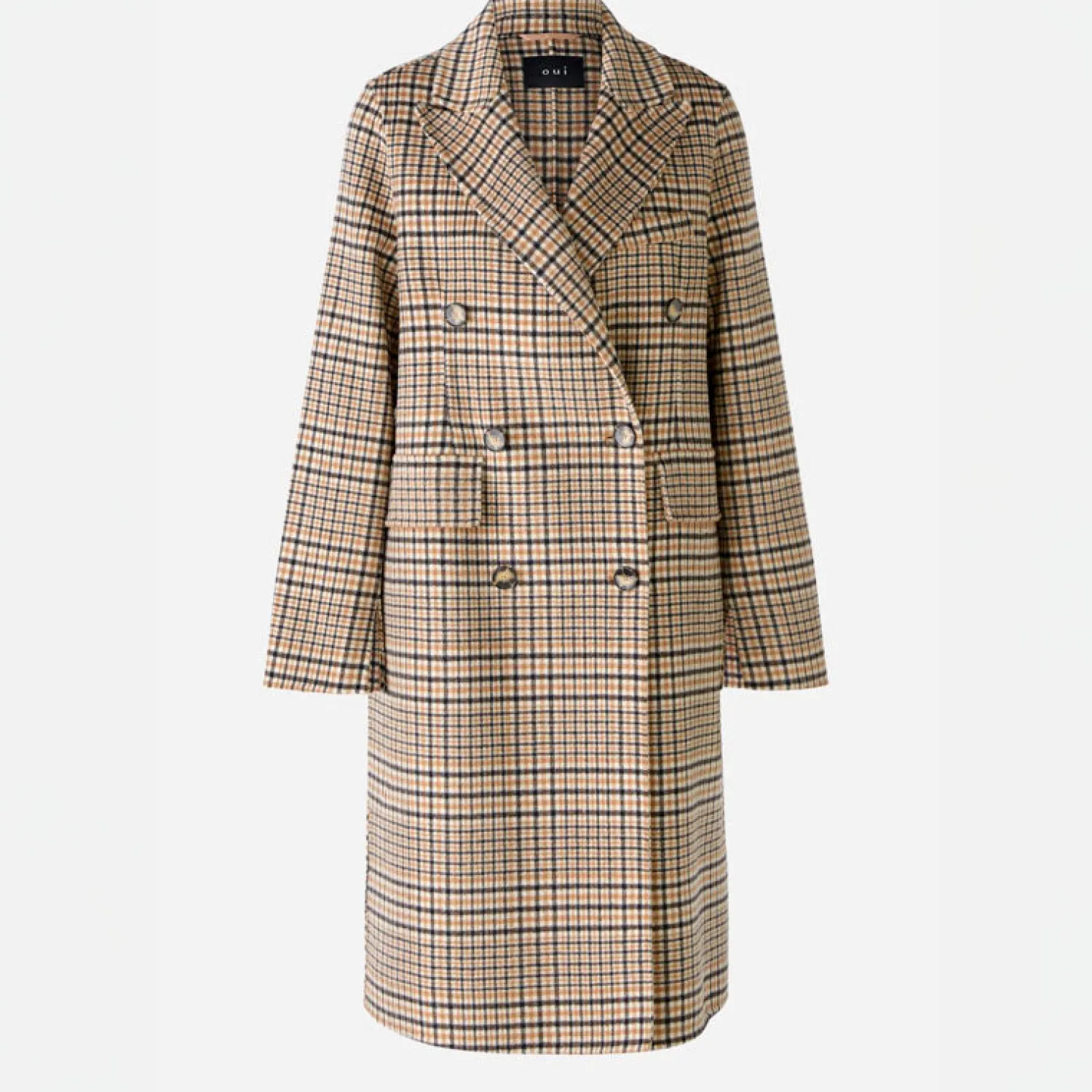 OUI Tweed Check Wool Mix Coat In Light Stone Grey