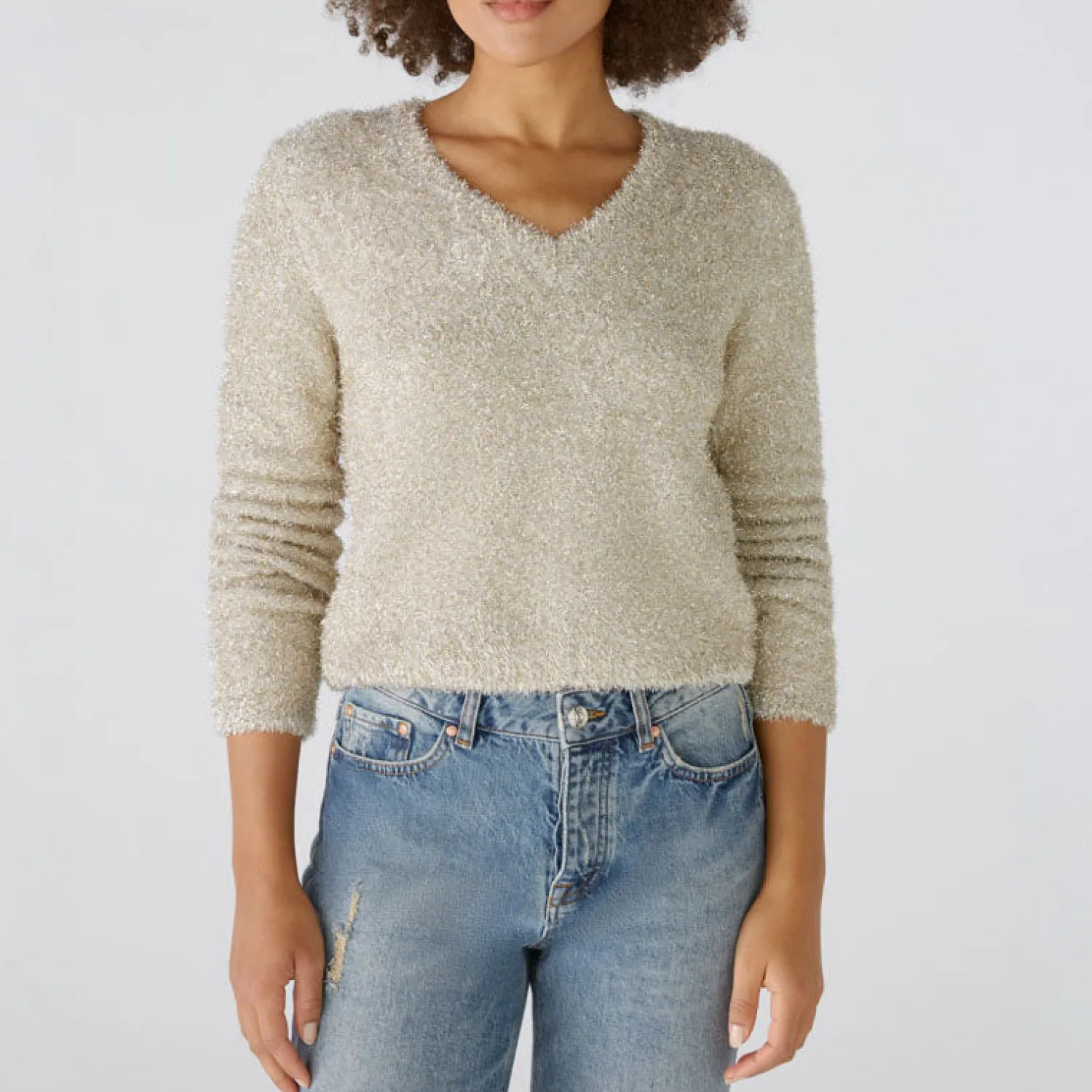 OUI V Neck Shiny Wool Jumper In Light Gold