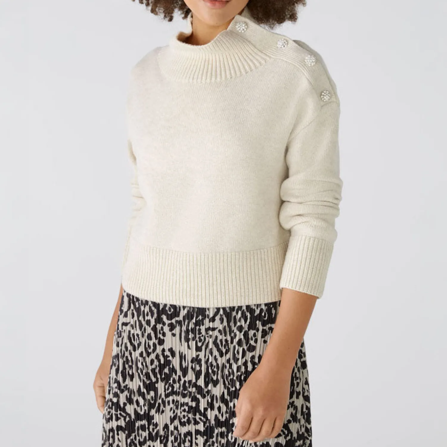 OUI Wool Mix Crop Funnel Neck Jumper In Off White