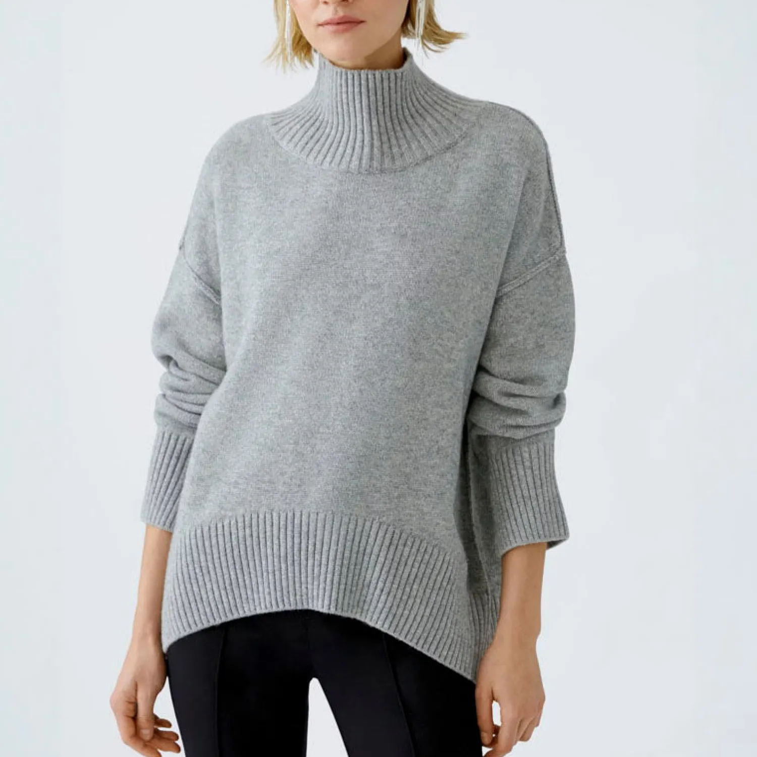 OUI Wool Mix Funnel Neck Jumper In River Stone